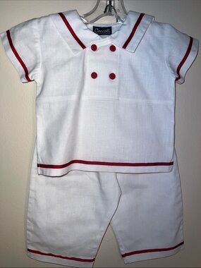 Coccoli  Vintage White Linen and Cotton Blend Sailor Outfit with Red Trim